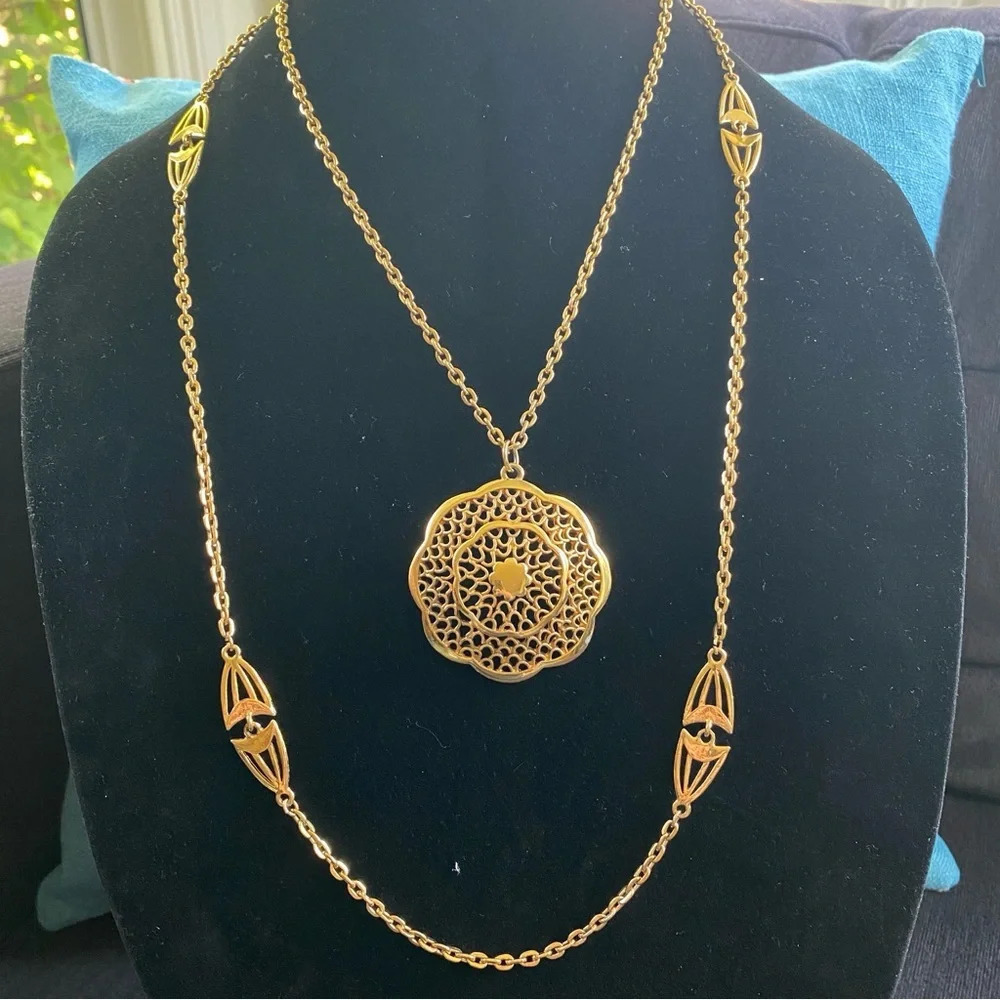 Vintage Multilayer Intricate Gold Tone Necklace with Large Pendant